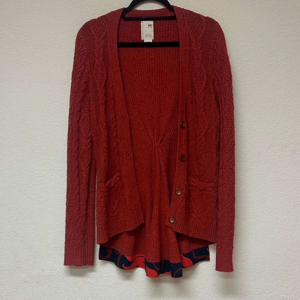 Anthropologie Brick Red Cable-Knit Button Front Cardigan